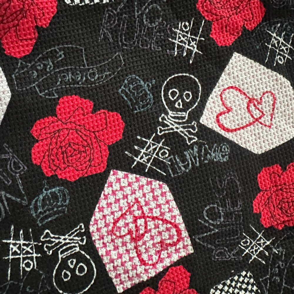 NWOT Black w/Skulls, Red Roses, & Hearts Waffle Weave Double Knit Fabric